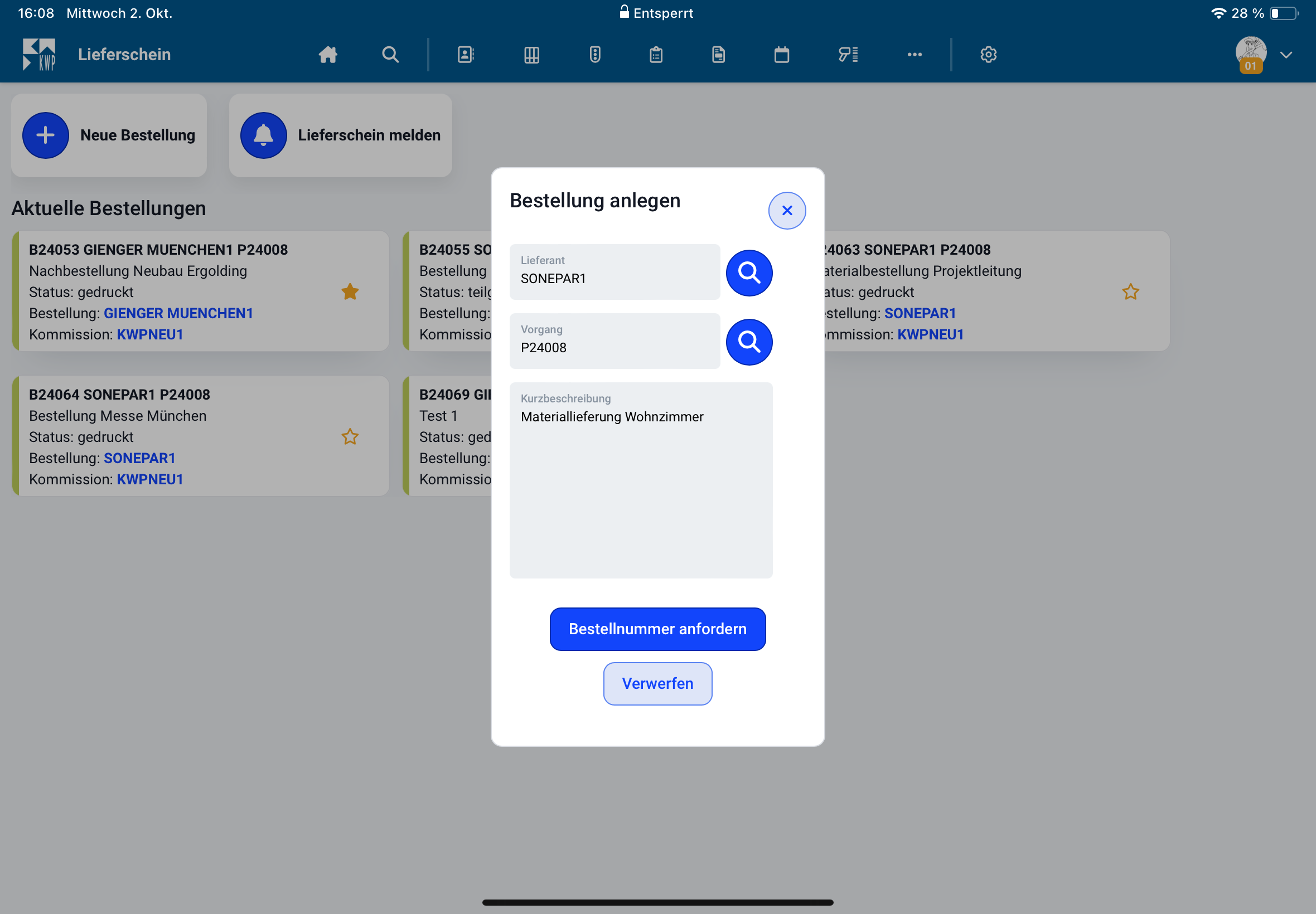 Lieferschein-App - Bestellung anlegen