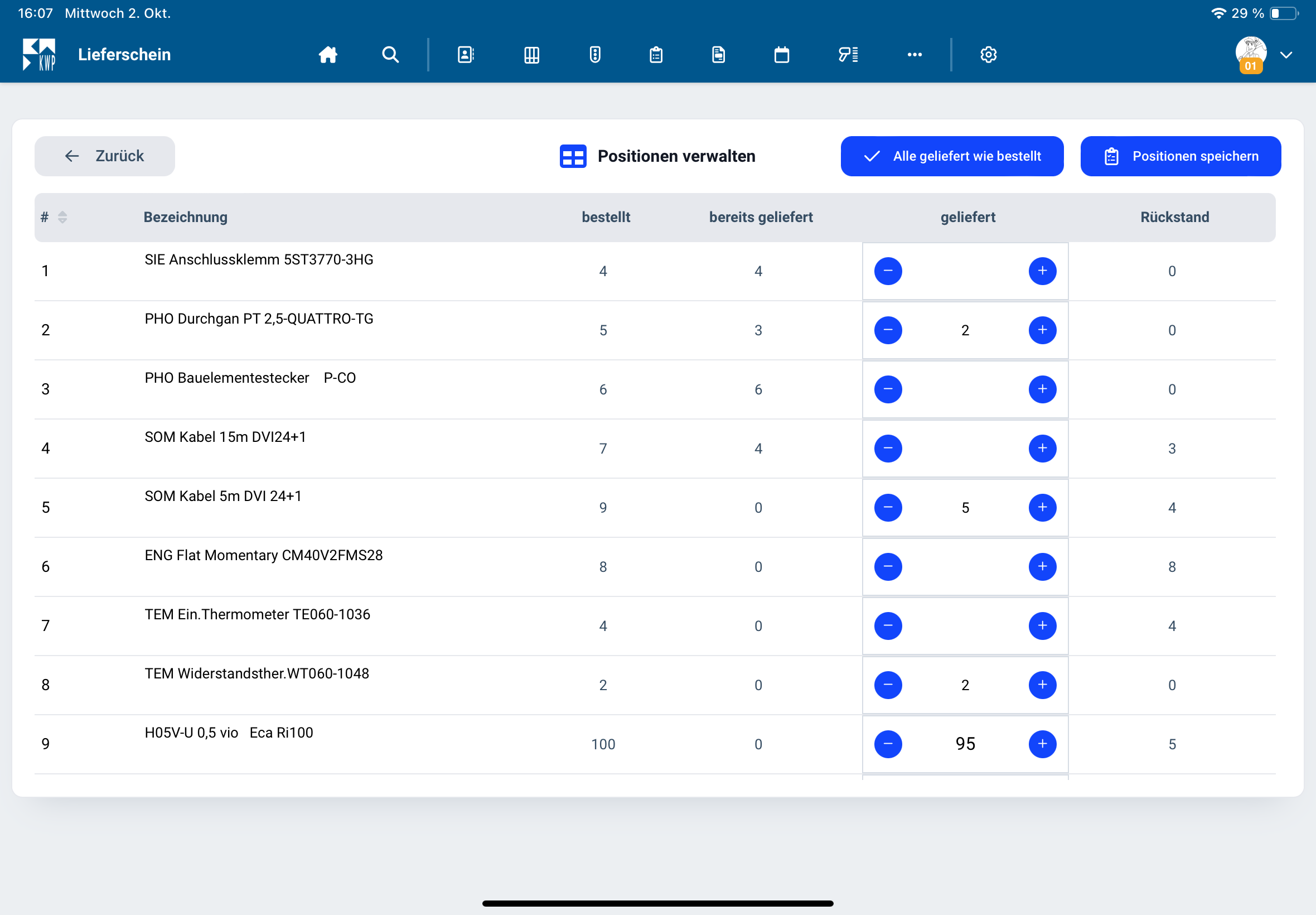 Lieferschein-App - Positionen verwalten