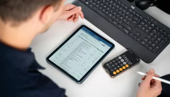 Mensch sitzt an einem Schreibtisch und schaut auf ein Ipad, Taschenrechner und Tastatur