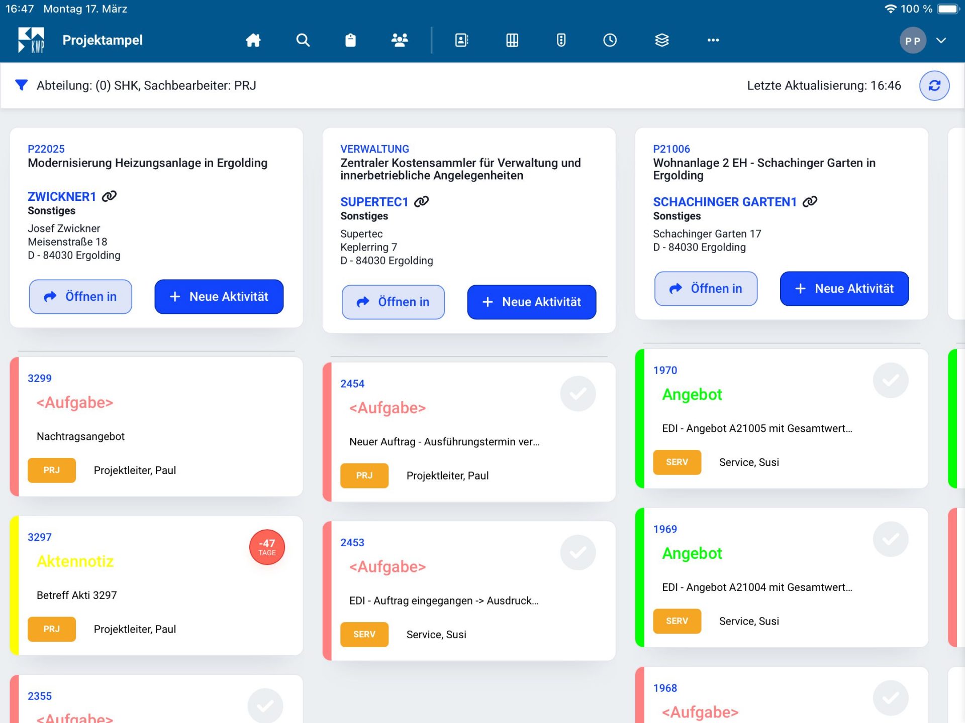 KWP bnApp - Projektampel_Abteilung SHK