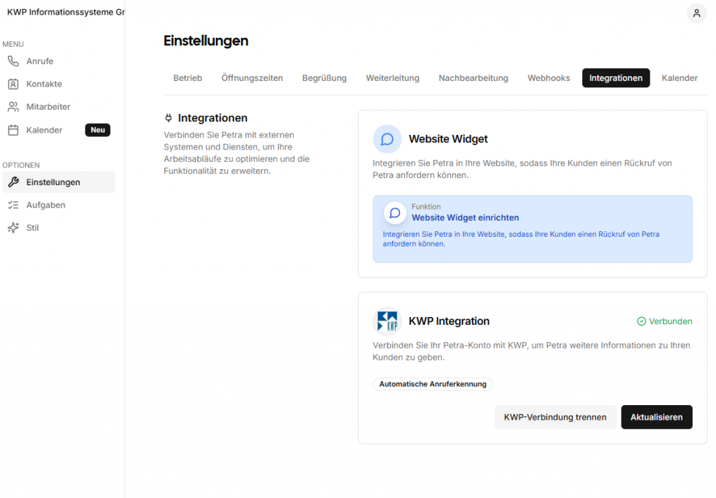 HalloPetra Einstellungen Integration